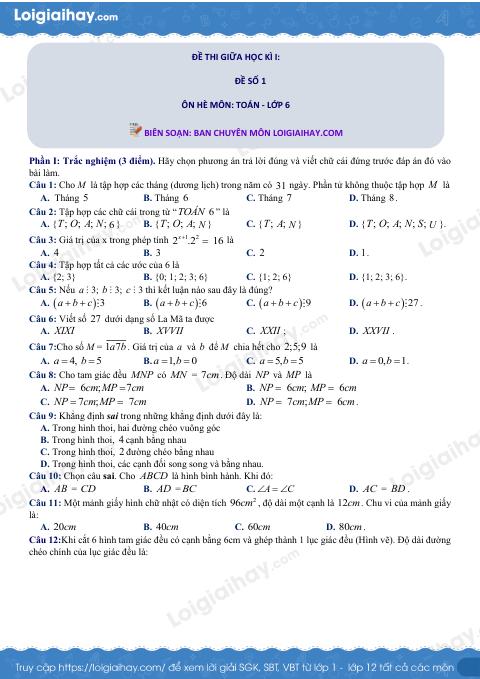 Đề thi giữa kì 1 Toán 6 - Đề số 1